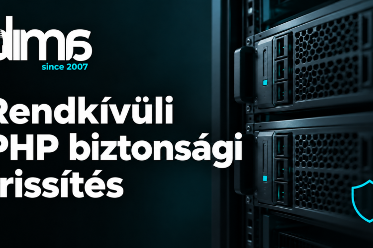 Rendkívüli PHP biztonsági frissítés felirat DiMa logóval, szerverekkel és pajzs szimbólummal.